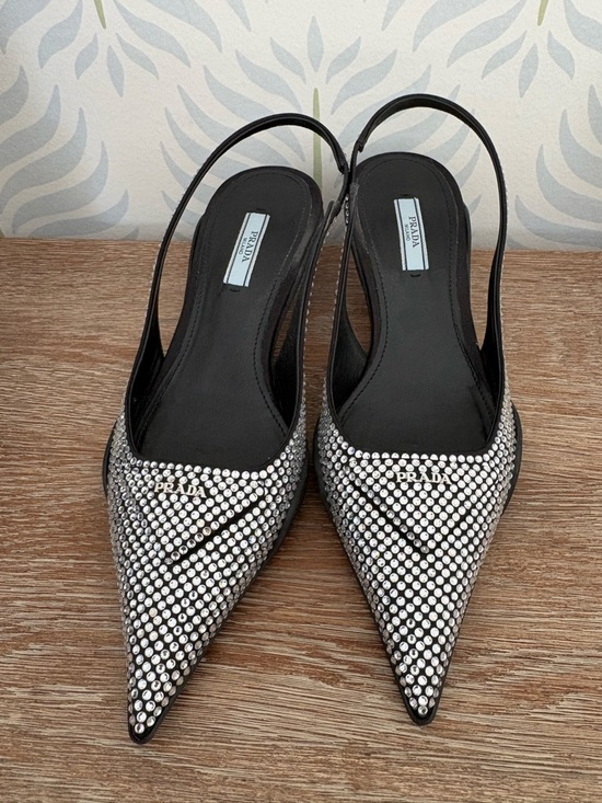 Prada Shoes - Prada Black Crystal-Studded Pointed Toe Slingback Kitten Heels - Worn 3 Times